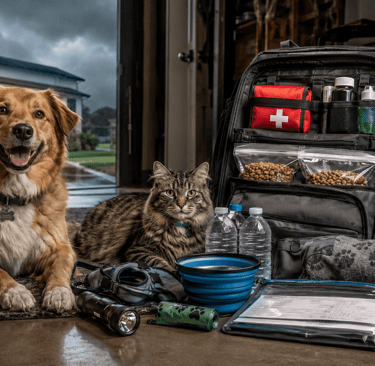 A golden dog and tabby cat sit next to a pet emergency survival kit with food, water, and first aid supplies.