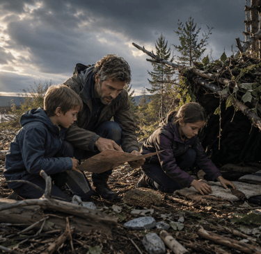 Father and children learning wilderness survival skills by a branch shelter at sunset.