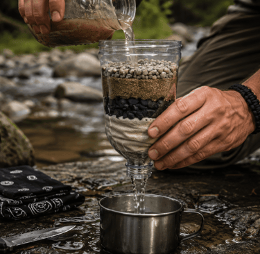 A survivalist using a DIY layered water filtration system to purify stream water into a metal cup.