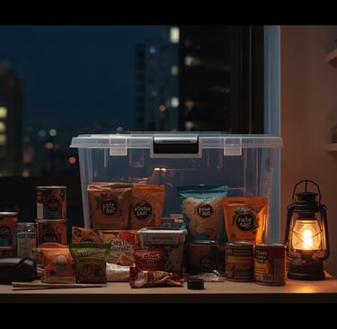 organized-72-hour-apartment-food-kit-with-shelf-stable-meals-bottled-wate.-in-a-small-city-kitchen.