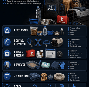Pet go-bag checklist infographic showing emergency supplies like food, first aid kit, and carrier for dogs and cats.