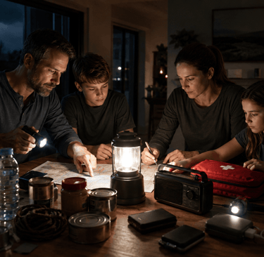 Family uses lanterns and flashlights to check a map during a power outage or storm emergency.