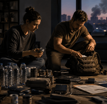 A couple packs an emergency survival kit with water and canned food during a city disaster.