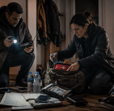 A couple packing an emergency survival kit with a first aid bag and radio during a city disaster.