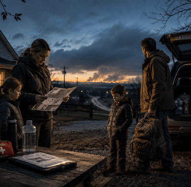 Family packing an SUV with survival gear and emergency supplies while checking a paper map at dusk.