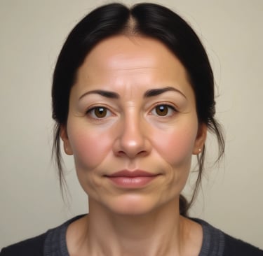 Portrait of a smiling woman in a cozy living room setting.