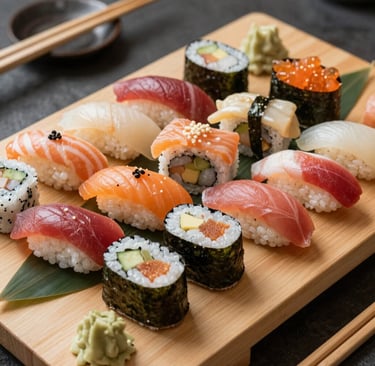 A close-up shot of beautifully arranged sushi rolls with vibrant colors and fresh ingredients.