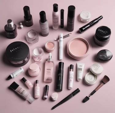 Close-up of Korean beauty products neatly arranged on a wooden table.