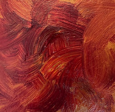  "Amber" — acrylic on block, 8×8". Abstract swirling brushwork in crimson, burnt sienna, gold.,