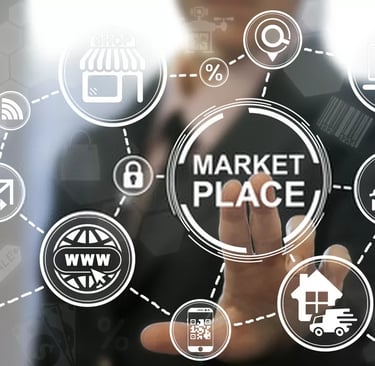 Professional touching a digital marketplace interface with icons for e-commerce, shopping, and global trade.