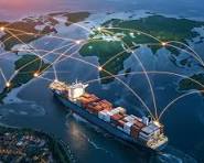 Cargo ship navigating a global logistics network with digital connection lines across a world map.