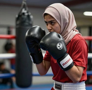 A focused woman in boxing gloves throwing punches in a stylish, fuchsia-accented gym.