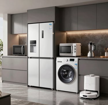 Circular icon showing modern home appliances like a blender and toaster on a light background