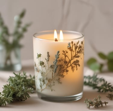 A cozy altar with candles, herbs, and a handwritten spell scroll.