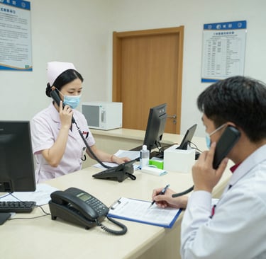 A friendly automotive dealership receptionist speaking on a sleek phone system with car showroom in the background.