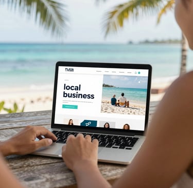 Emprendedora local en Playa del Carmen revisando la estrategia digital de su página web profesional 