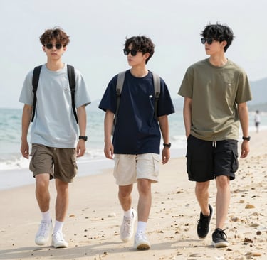 A relaxed man in comfortable casual wear, walking through a park on a sunny day.