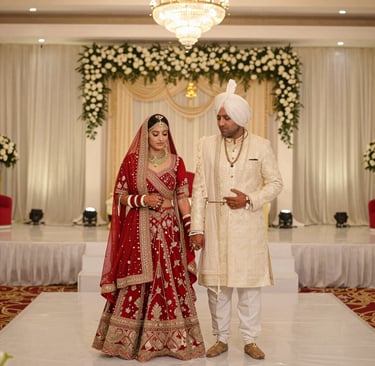 A joyful bride and groom sharing a candid laugh during their vibrant Indian wedding ceremony.