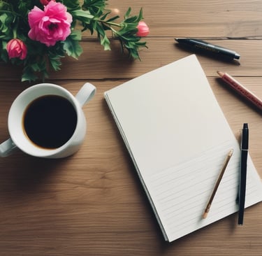 A cozy workspace with a laptop, notebook, and a cup of tea inviting connection.