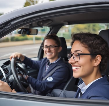 A learner practicing parking maneuvers in an empty parking lot with instructor support.