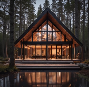 Interior view of a chalet living room with soft cream textiles and golden accents.