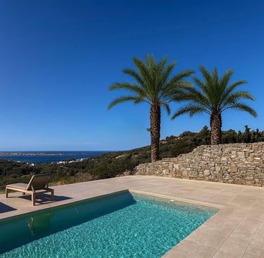 Luxury infinity pool with turquoise water, palm trees, and ocean views from a stone patio.