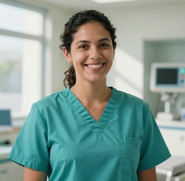 A candid, professional photograph of a South American woman in teal medical scrubs smiling kindly, sunlight filtering through a clean window of a Brazilian hospital, soft focus on the background.