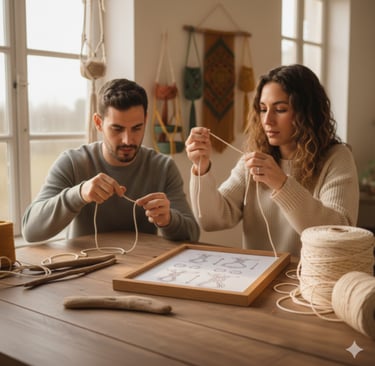 Una pareja practica cómo hacer nudos de macramé con cordón en una mesa de madera en un taller.