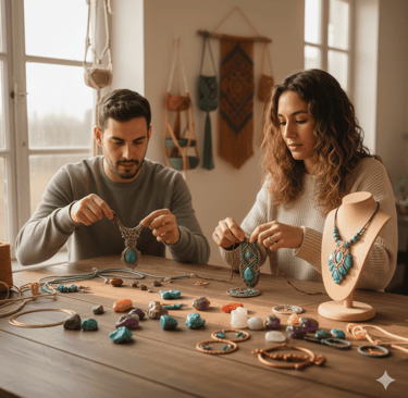 Artesanos elaborando joyas de macramé hechas a mano con piedras preciosas turquesas y cuentas natura