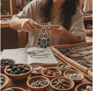 Joyero artesanal creando un collar con colgante de turquesa hecho a mano