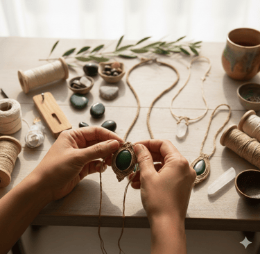 Joyería de macramé hecha a mano siendo elaborada con piedras preciosas verdes, cordón de cáñamo.
