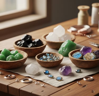 Cristales y piedras preciosas pulidas en tazones de madera sobre el banco de trabajo de un joyero