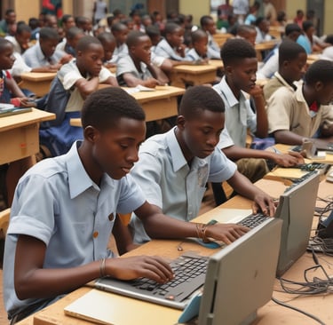 A warm photo of diverse young people gathered around laptops, learning digital skills together outdoors.