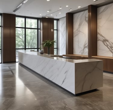 A welcoming office reception area with sustainable building materials and green plants.