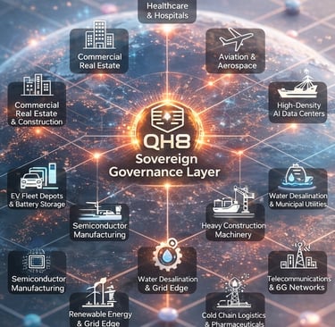 World map illustrating QH8 forensic governance engine linking global industries including AI data