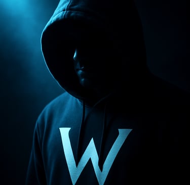 Moody dark portrait of artist WISS in a hooded sweatshirt with a bold “W” logo