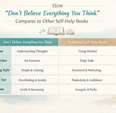Comparison table showing Don’t Believe Everything You Think vs traditional self-help books for overt