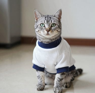 Gato atigrado gris con ojos verdes, de cuerpo completo, usando una sudadera blanca con azul marino.