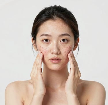 A young woman with freckles on her face