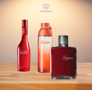 Tres fragancias de Natura, incluyendo Humor, Kaiak y Homem Potence, exhibidas sobre una superficie 
