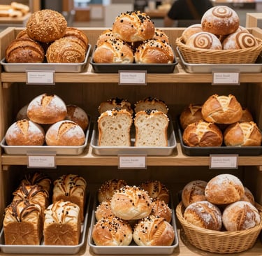 Minimalist display of assorted artisan breads on a rustic wooden board.