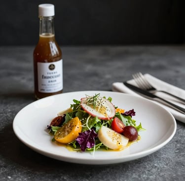 Elegant plating of a colorful salad with edible flowers and microgreens.