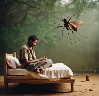 A vibrant green-themed banner showing a mobile phone displaying the winatrip health contest interface with malaria quiz questions.