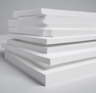 CNC-cut EPS mouldings arranged neatly on a workshop table, highlighting precision and texture of the coated surface