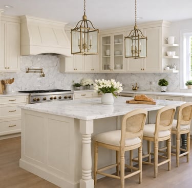 Elegant cream-colored kitchen with marble countertops, gold hardware, and lantern pendant lights.