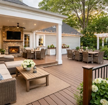 Luxury backyard deck with stone fireplace, outdoor living room furniture, and dining areas.