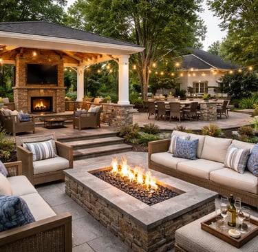 Luxury backyard patio featuring a stone fire pit, outdoor kitchen pavilion, and string lights.