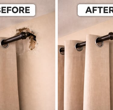 Before and after comparison of a repaired drywall hole behind a curtain rod bracket.