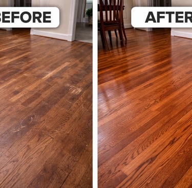 Before and after comparison of restored hardwood floors showing professional floor refinishing results.