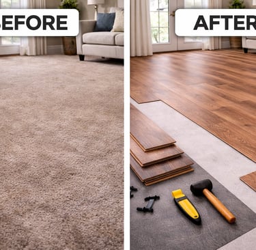 Living room flooring renovation showing a before and after comparison of old carpet to new luxury laminate wood planks.